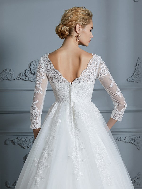 Ball Gown V-neck 3/4 Sleeves Court Train Lace Tulle Wedding Dresses CICIP0006428