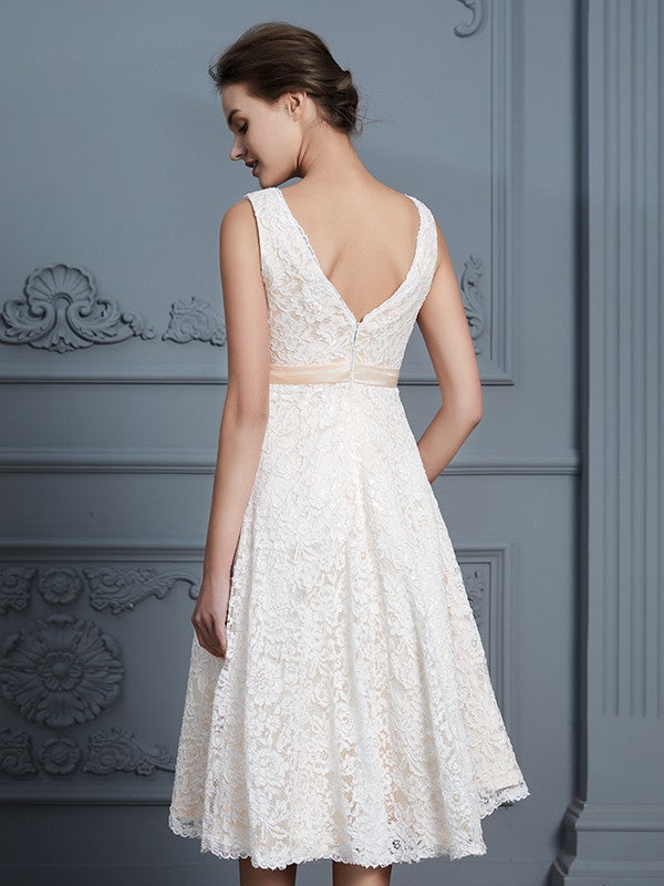 A-Line/Princess V-neck Sleeveless Knee-Length Lace Bowknot Wedding Dresses CICIP0006531