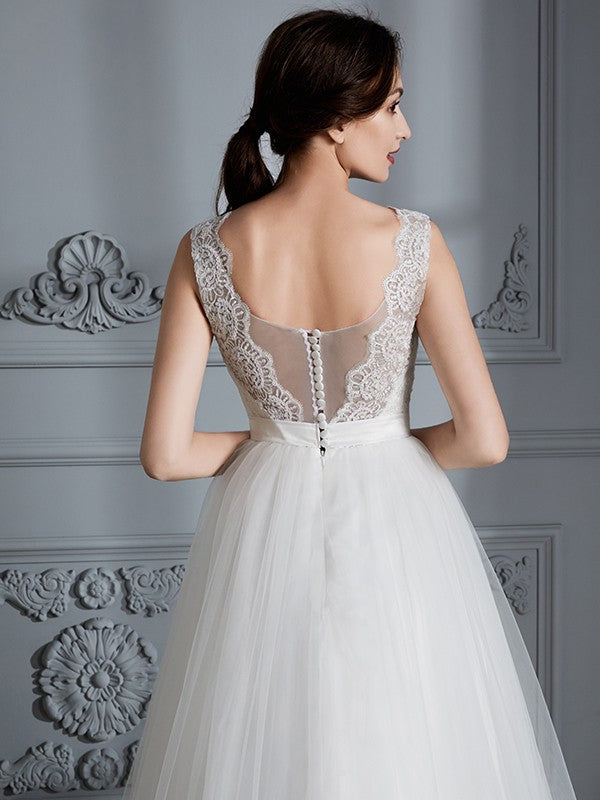 A-Line/Princess Sleeveless V-neck Sweep/Brush Train Tulle Wedding Dresses CICIP0006437