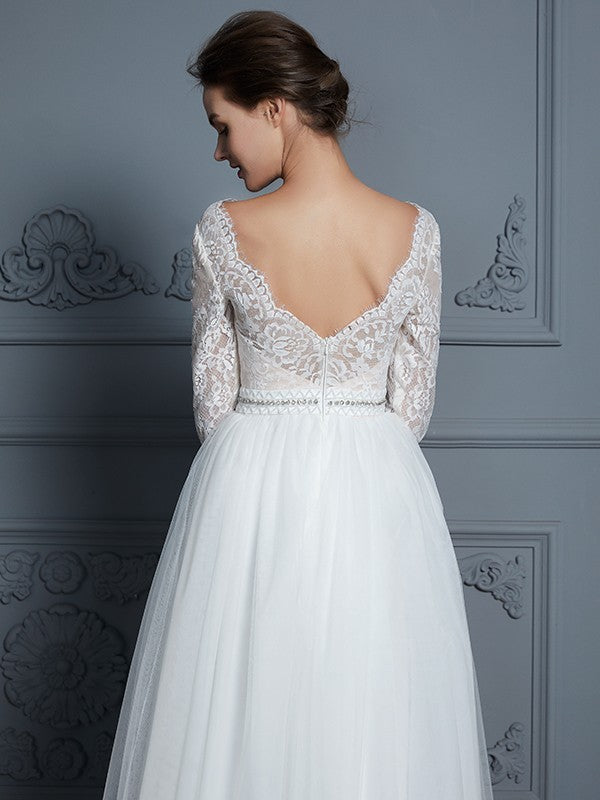 A-Line/Princess V-neck 3/4 Sleeves Floor-Length Lace Tulle Wedding Dresses CICIP0006306