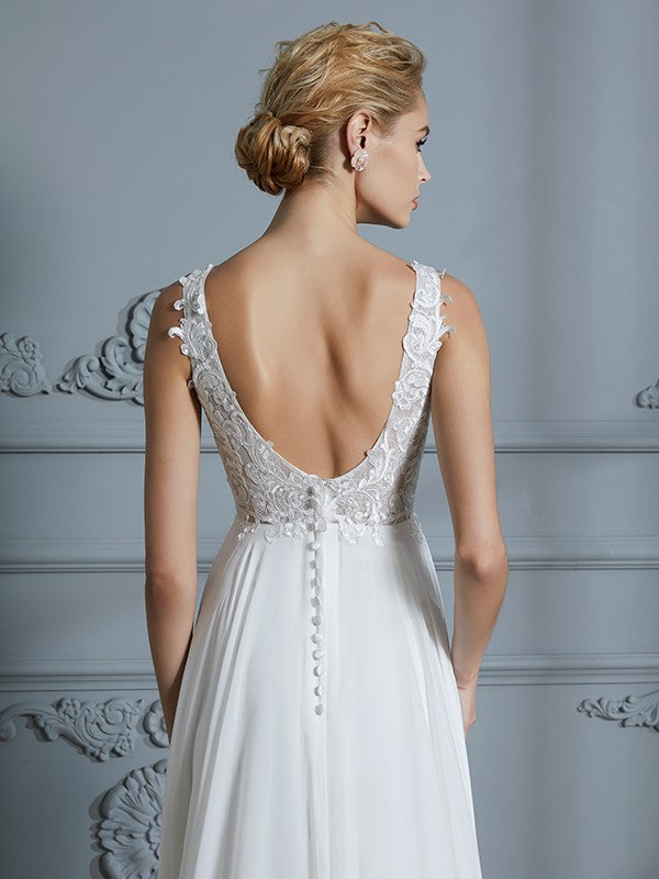 A-Line/Princess Sleeveless V-neck Sweep/Brush Train Chiffon Wedding Dresses CICIP0006388