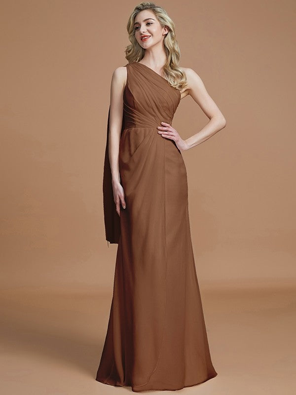 Sheath/Column One-Shoulder Sleeveless Floor-Length Chiffon Bridesmaid Dresses CICIP0005565