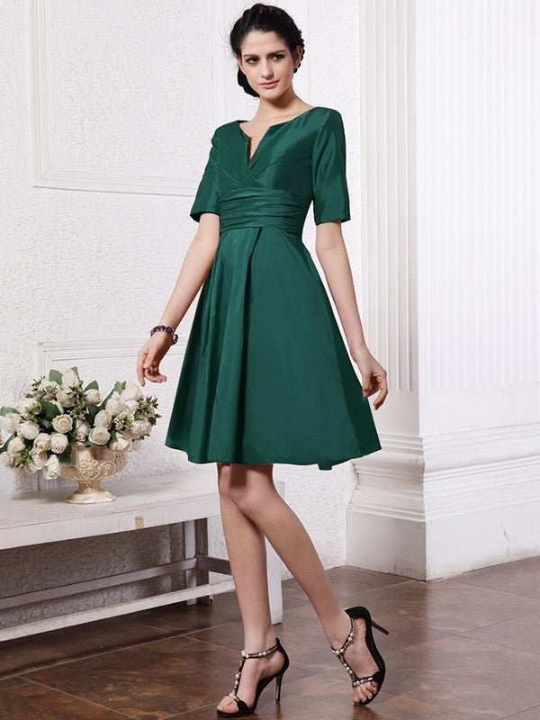 Sheath/Column V-neck Half Sleeves Pleats Taffeta Bridesmaid Dresses CICIP0005658