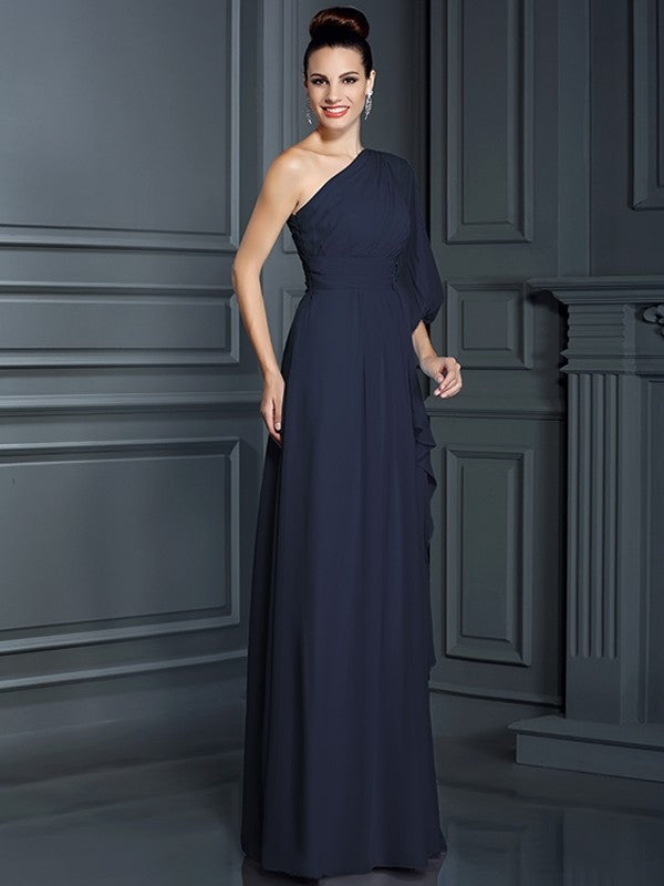 Sheath/Column One-Shoulder 3/4 Sleeves Long Chiffon Bridesmaid Dresses CICIP0005047