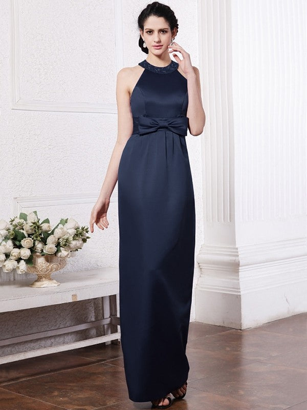 Sheath/Column Scoop Sleeveless Beading Bowknot Long Elastic Woven Satin Bridesmaid Dresses CICIP0005506