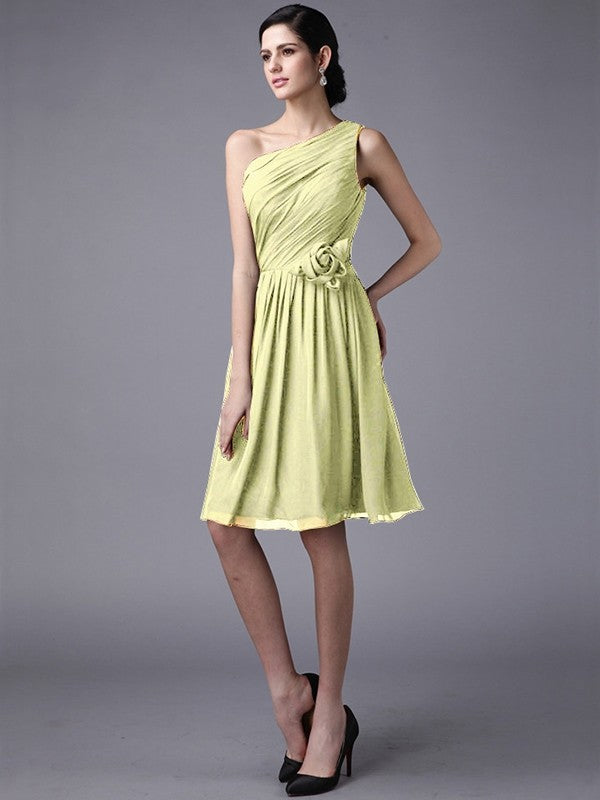 Sheath/Column One-Shoulder Sleeveless Pleats Short Chiffon Bridesmaid Dresses CICIP0005846