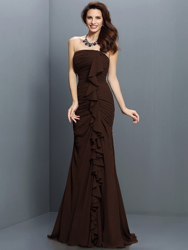 Trumpet/Mermaid Strapless Pleats Sleeveless Long Chiffon Bridesmaid Dresses CICIP0005428