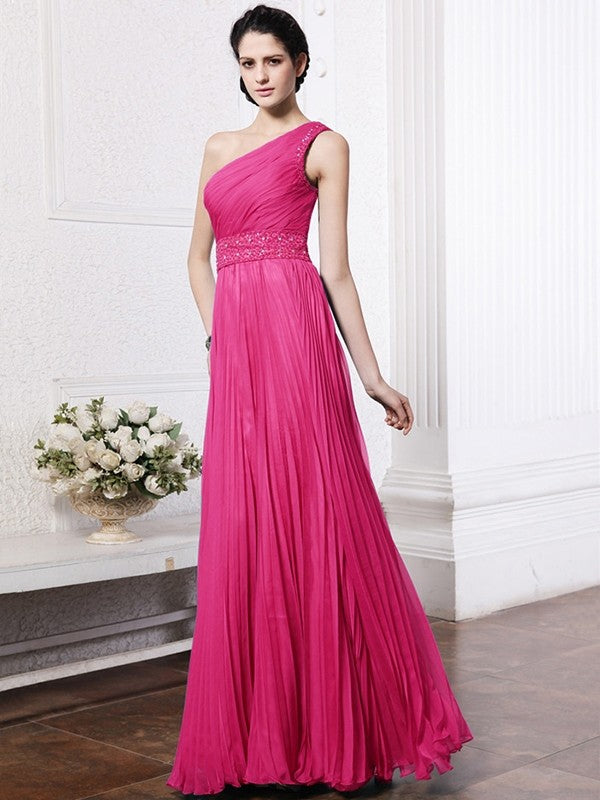 Sheath/Column One-Shoulder Sleeveless Beading Pleats Long Chiffon Bridesmaid Dresses CICIP0005588