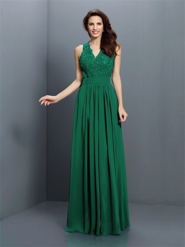 A-Line/Princess V-neck Applique Sleeveless Long Chiffon Bridesmaid Dresses CICIP0005255