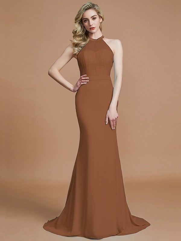 Trumpet/Mermaid Sleeveless Scoop Sweep/Brush Train Chiffon Bridesmaid Dresses CICIP0005142