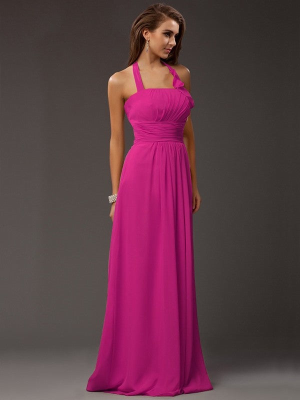 Sheath/Column Halter Sleeveless Ruffles Long Chiffon Bridesmaid Dresses CICIP0005366