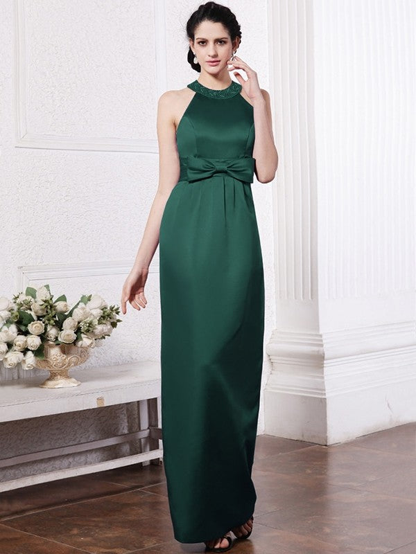 Sheath/Column Scoop Sleeveless Beading Bowknot Long Elastic Woven Satin Bridesmaid Dresses CICIP0005506