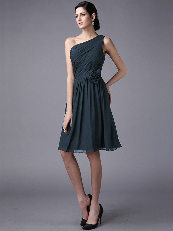 Sheath/Column One-Shoulder Sleeveless Pleats Short Chiffon Bridesmaid Dresses CICIP0005846