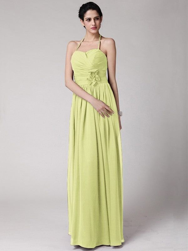 Sheath/Column Halter Sleeveless Hand-Made Flower Long Chiffon Bridesmaid Dresses CICIP0005817