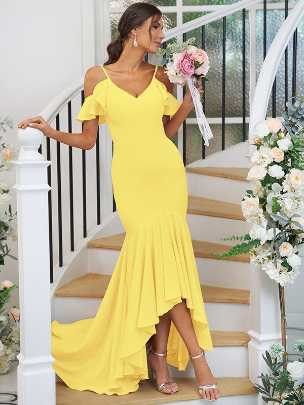 Trumpet/Mermaid Jersey Ruffles V-neck Sleeveless Asymmetrical Bridesmaid Dresses CICIP0004937