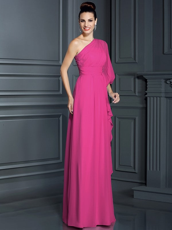 Sheath/Column One-Shoulder 3/4 Sleeves Long Chiffon Bridesmaid Dresses CICIP0005047