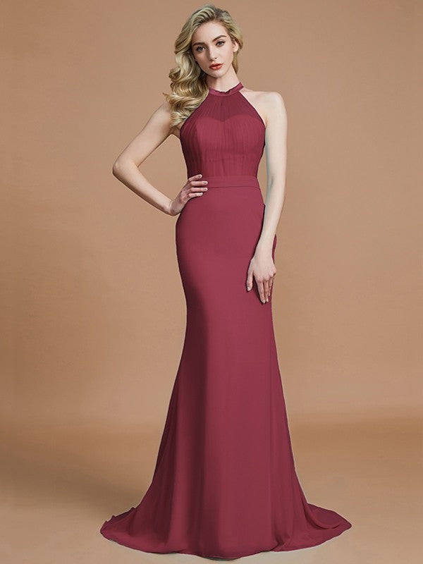 Trumpet/Mermaid Sleeveless Scoop Sweep/Brush Train Chiffon Bridesmaid Dresses CICIP0005142