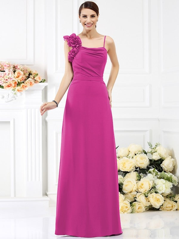 Sheath/Column Spaghetti Straps Hand-Made Flower Sleeveless Long Chiffon Bridesmaid Dresses CICIP0005774