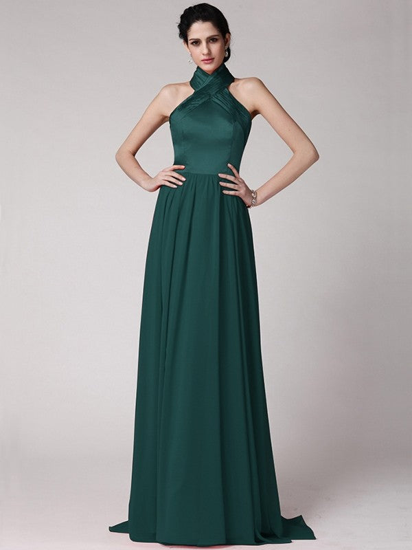 Sheath/Column Halter Sleeveless Pleats Long Elastic Woven Satin Chiffon Bridesmaid Dresses CICIP0005653