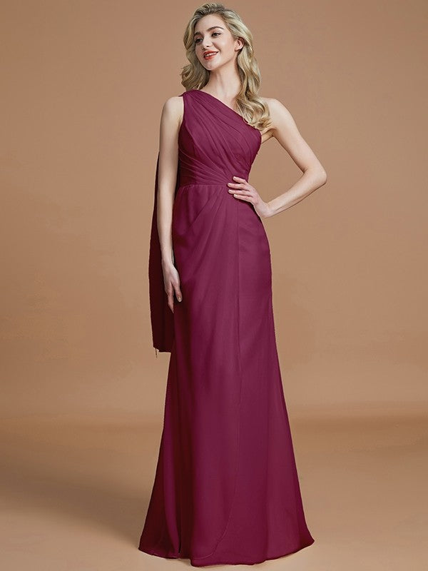 Sheath/Column One-Shoulder Sleeveless Floor-Length Chiffon Bridesmaid Dresses CICIP0005565