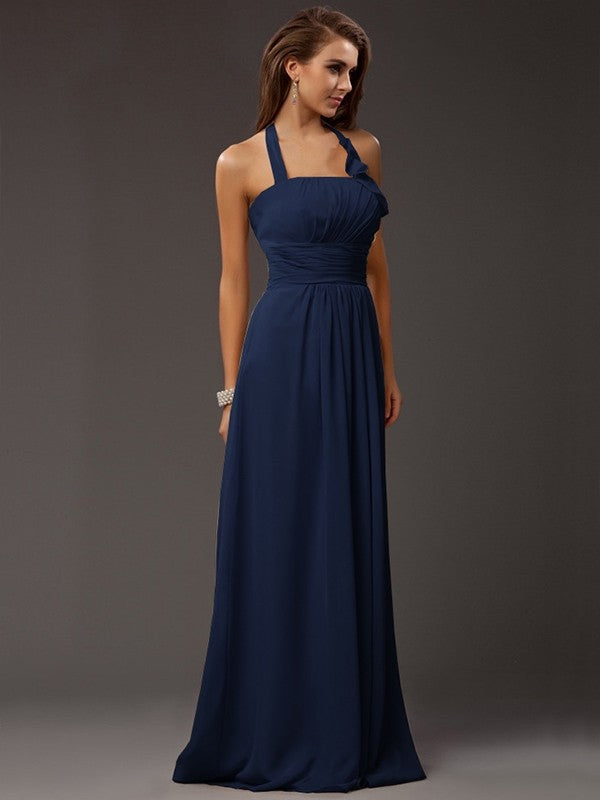 Sheath/Column Halter Sleeveless Ruffles Long Chiffon Bridesmaid Dresses CICIP0005366