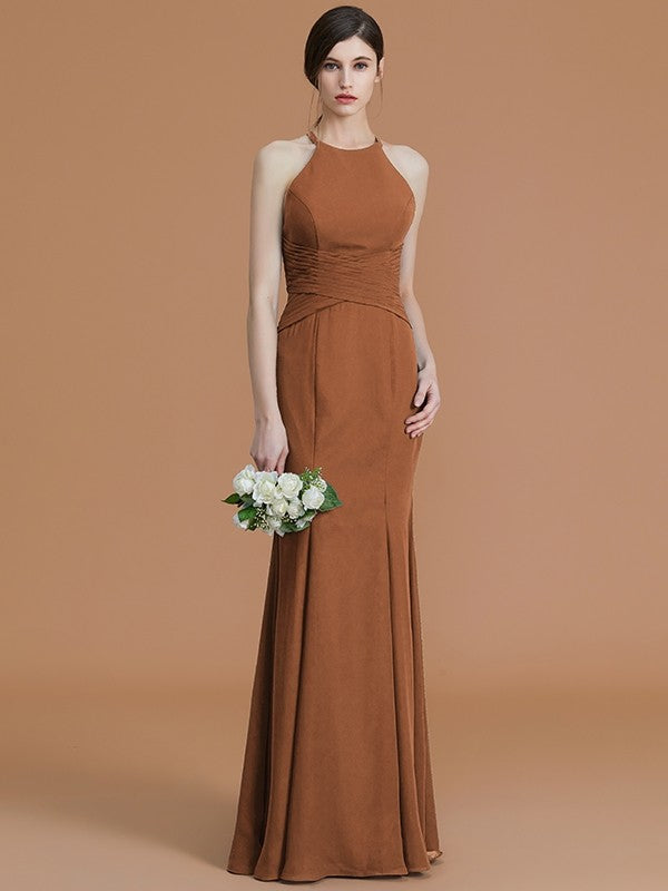 Trumpet/Mermaid Halter Sleeveless Floor-Length Ruched Chiffon Bridesmaid Dresses CICIP0005544