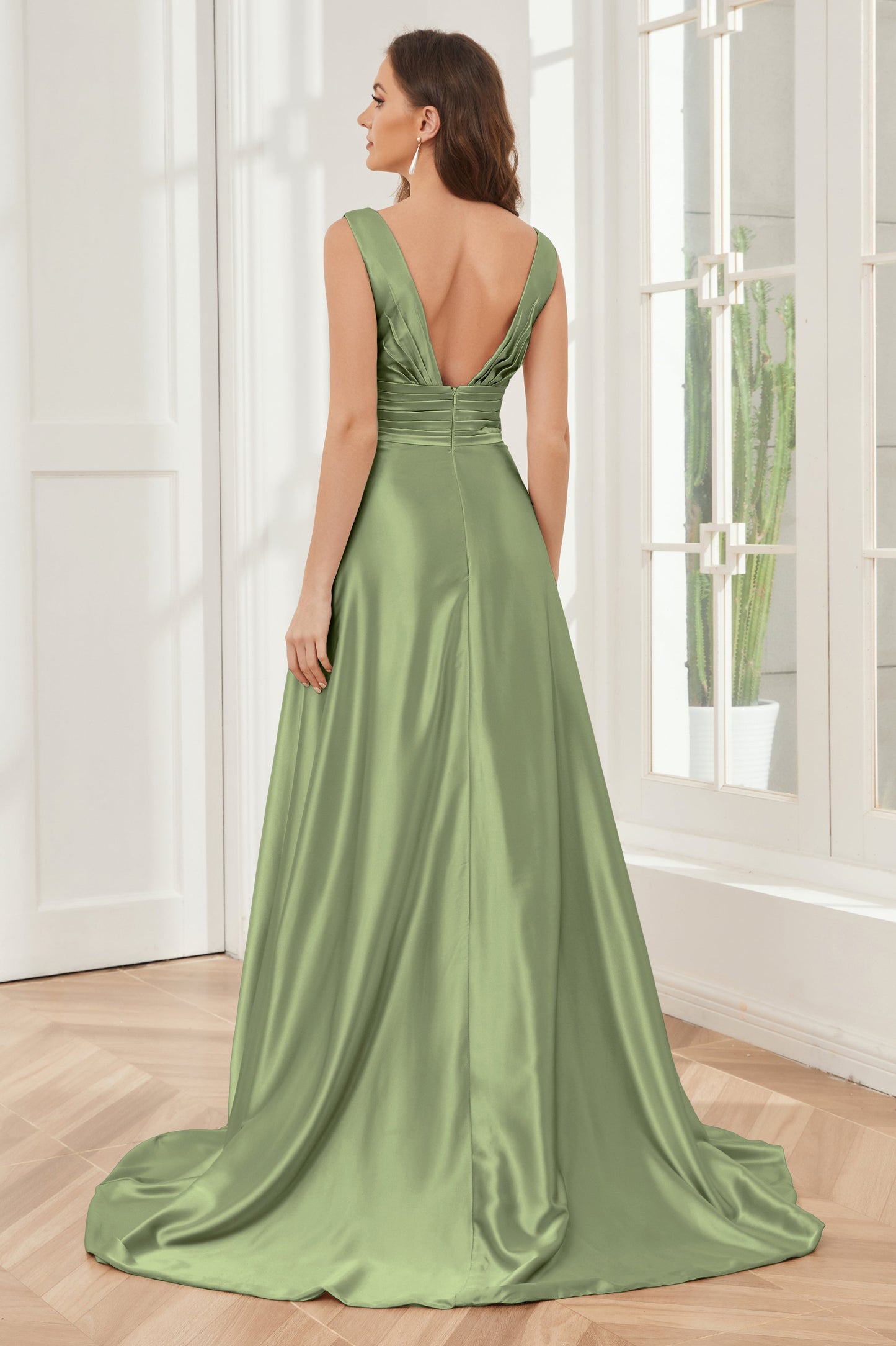 A-line V-neck Sleeveless Soft Satin Long Bridesmaid Dress