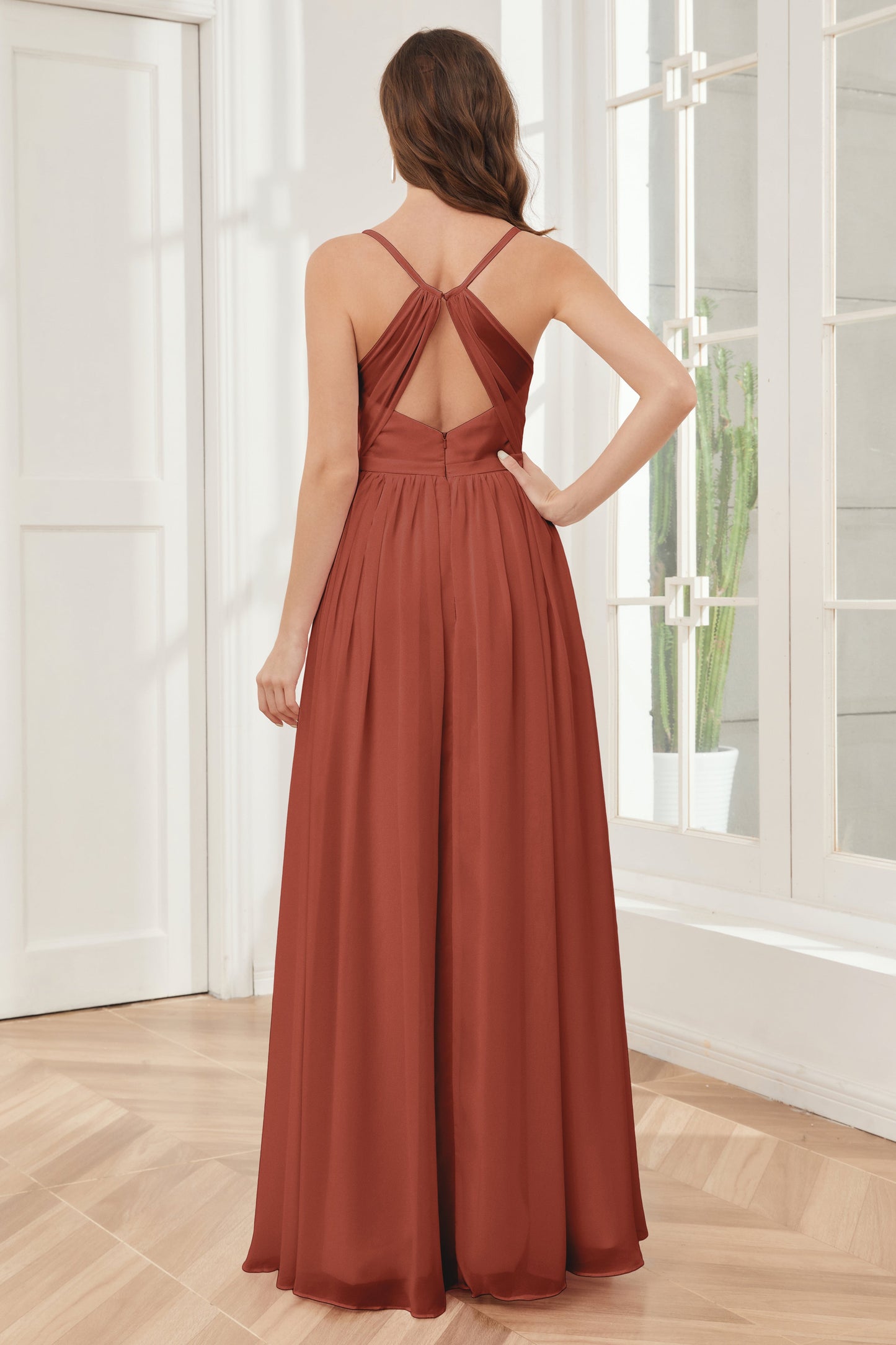 A-line Spaghetti Straps Chiffon Long Bridesmaid Dresses