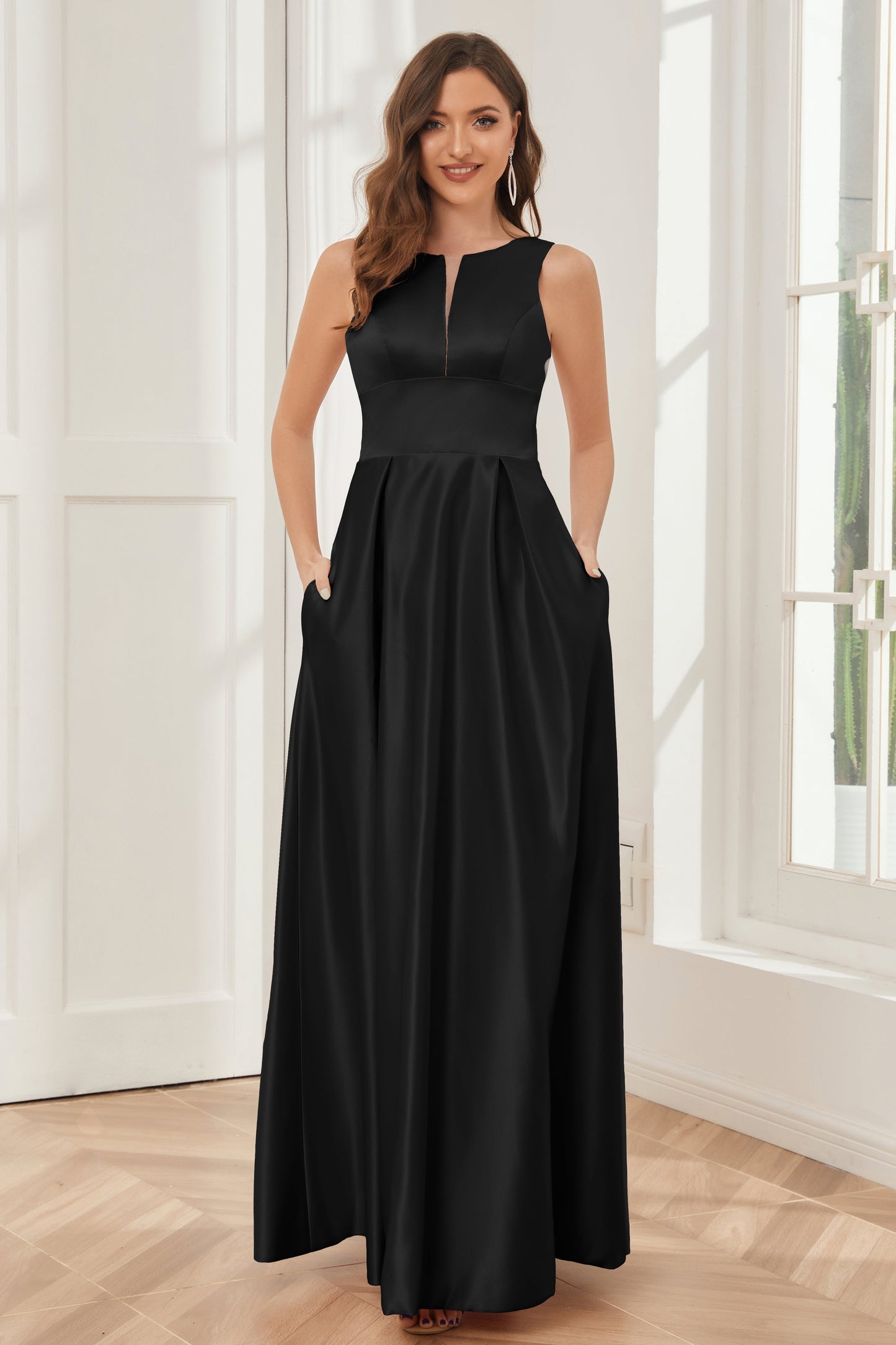 A-line Sleeveless Satin Long Bridesmaid Dresses with Pockets