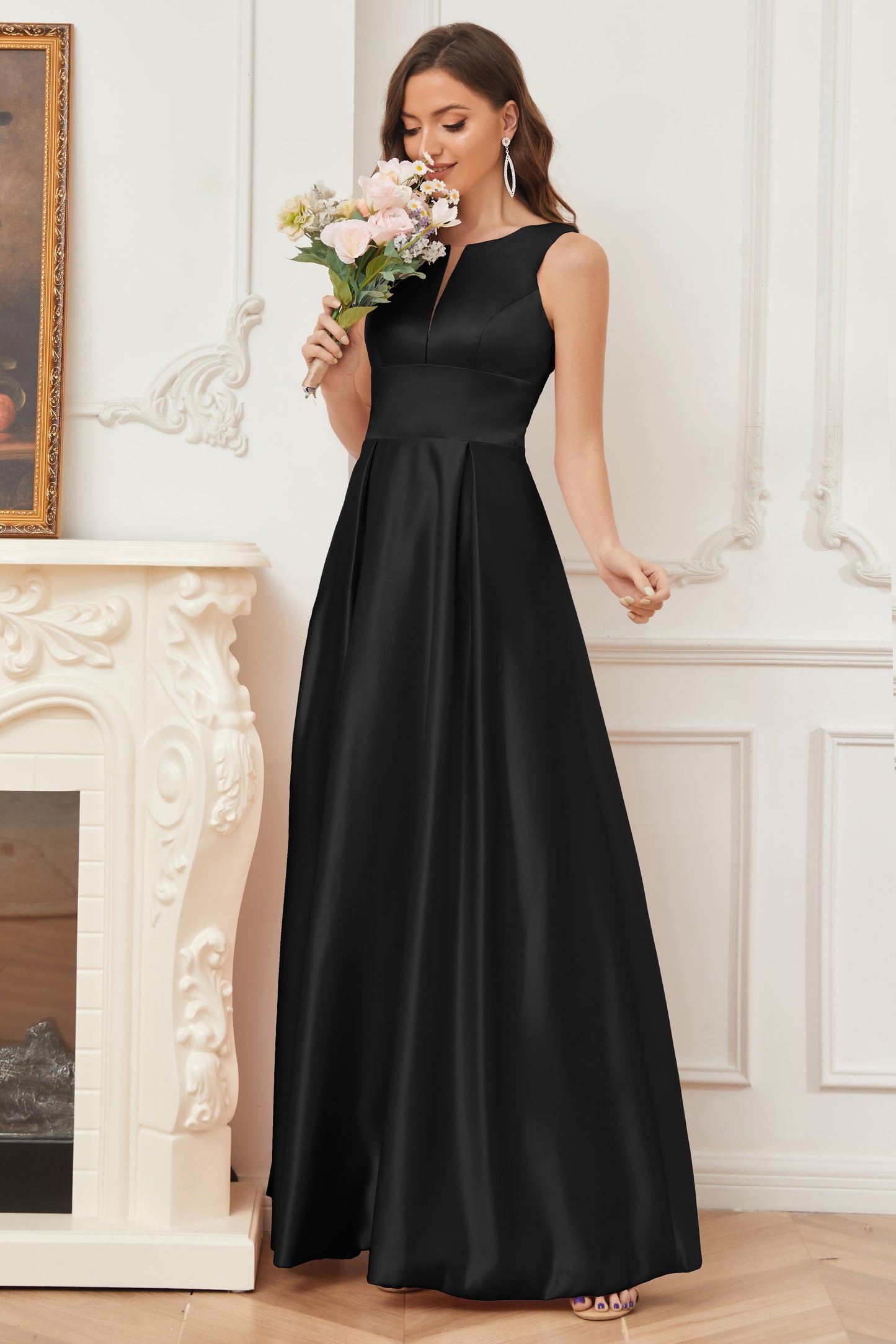 A-line Sleeveless Satin Long Bridesmaid Dresses with Pockets