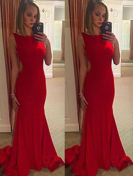 2024 Gorgeous Red Chapel Train Mermaid Stretch Satin Prom Dresses