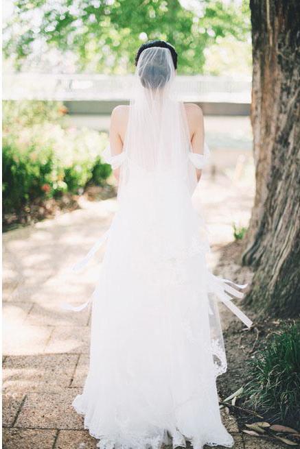 Flowy Off the Shoulder Chiffon Beach Wedding Dress, Simple Long Pleated Bridal Dress N1289