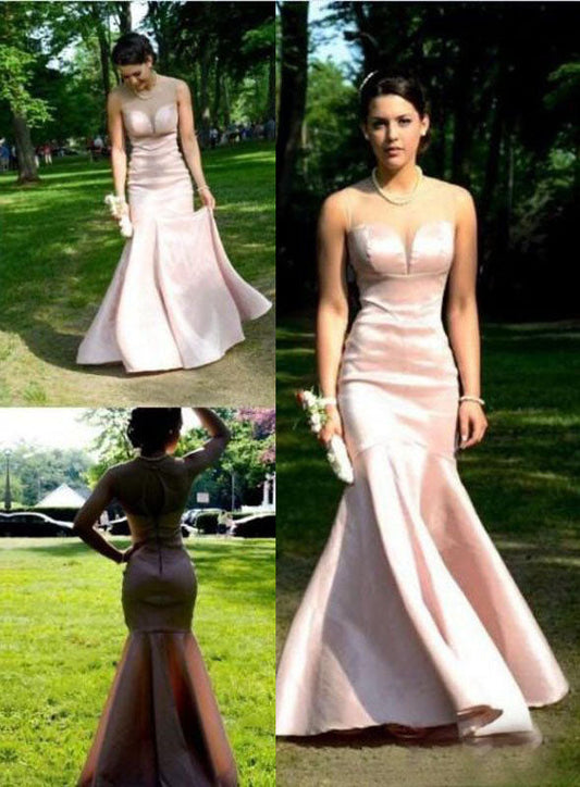 2024 Glamorous Pink Sheer Neck Mermaid Satin Prom Dresses