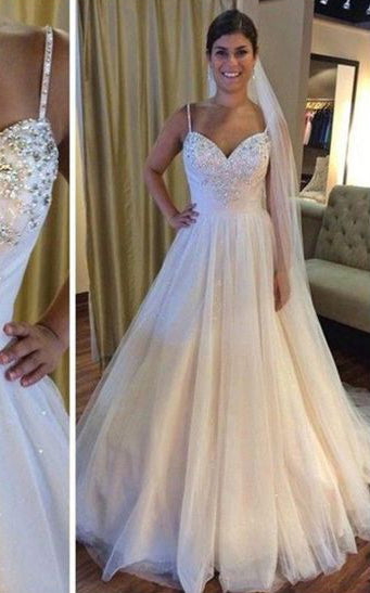 2024 Cheap A Line Tulle Spaghetti Straps With Beads Wedding Dresses