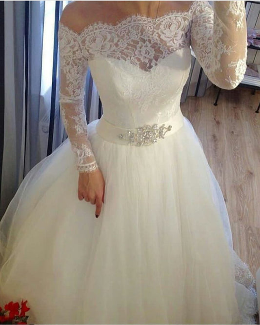 2024 A Line Off The Shoulder Long Sleeves Lace With Tulle Wedding Dresses