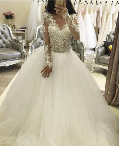 2024 A Line V Neck Long Sleeves Tulle Wedding Dresses