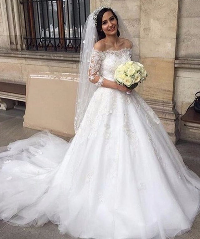 2024 New Arrival A Line Tulle Off The Shoulder Long Sleeves Wedding Dresses