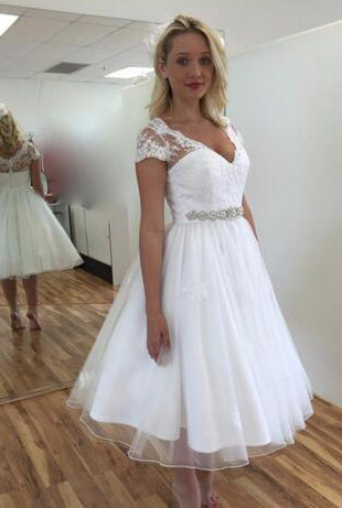 2024 Cheap A Line Tea Length V Capped Sleeves Short Wedding Dresses