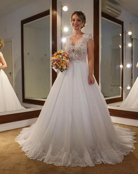 Elegant A Line Tulle With Lace 2024 Capped Sleeves Wedding Dresses