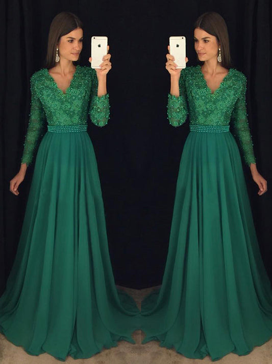 2024 Chiffon A-Line Hunter V Neck Long Sleeves Prom Dresses