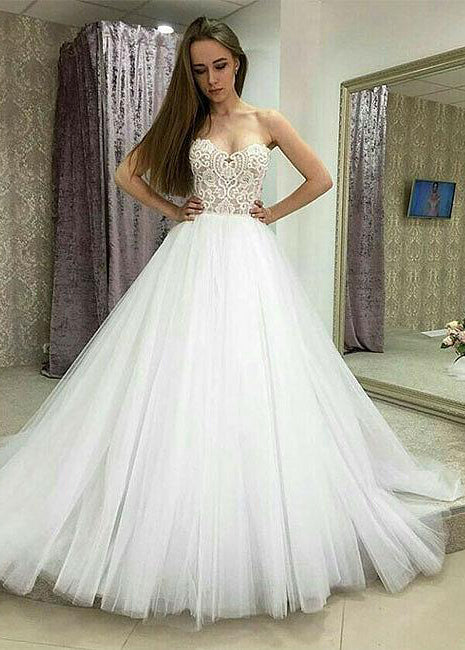 Cheap 2024 A Line Strapless Tulle White Wedding Dresses