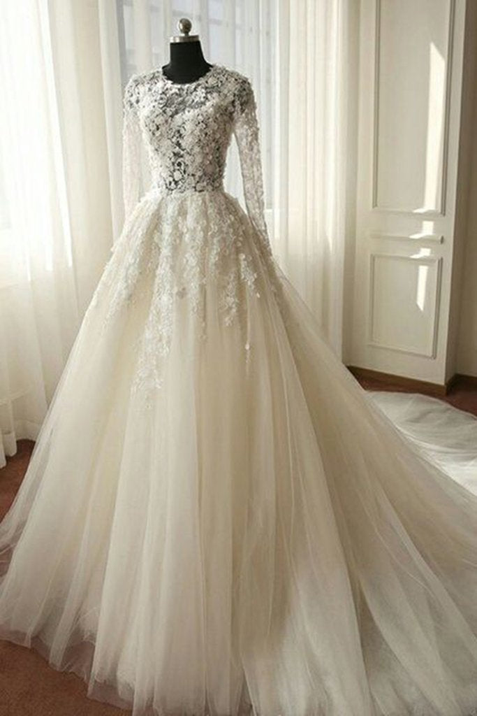 2024 Newest A Line Long Sleeves Tulle Wedding Dresses With Appliques