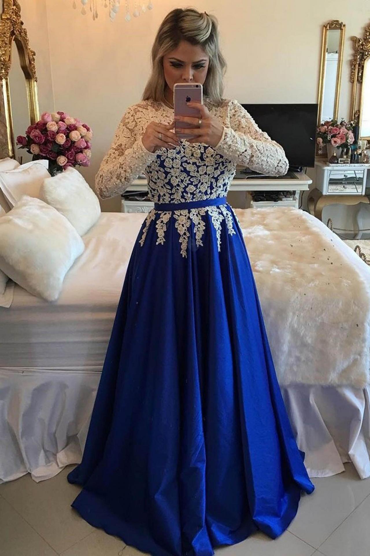 2024 New Arrival A-Line Satin Royal Blue With White Appliques Long Sleeves Prom Dresses