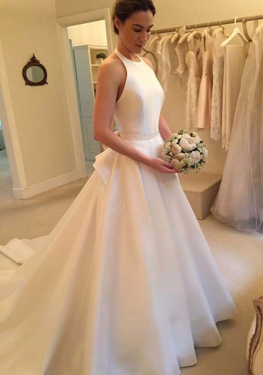 2024 Elegant A Line Satin Long Train Plain Wedding Dresses