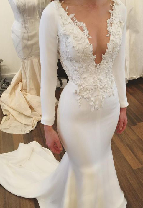 Sexy Mermaid Satin Split Front V Neck With Appliques 2024 Long Sleeves Wedding Dresses