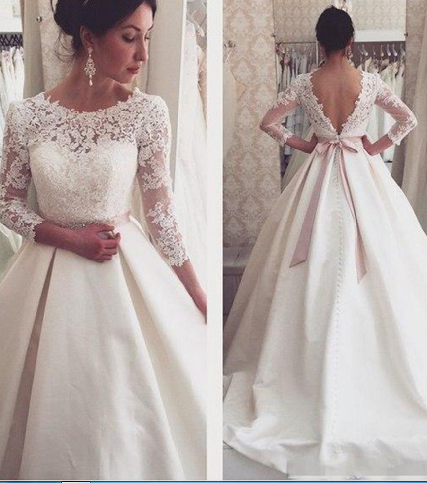 2024 A Line Backless Satin Long Sleeves Bowknot Wedding Dresses