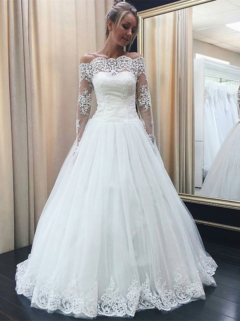 2024 Cheap A Line Off The Shoulder Lace Long Sleeves Wedding Dresses