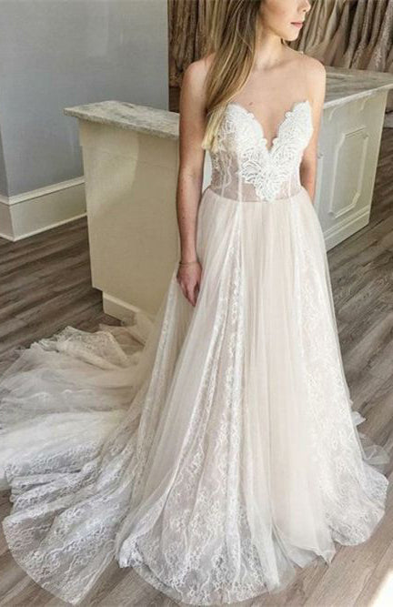 2024 New A Line Sweetheart Lace Over Tulle Wedding Dresses