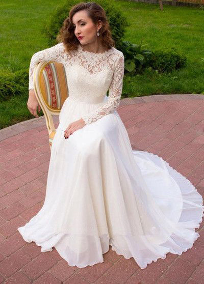 2024 New A Line Chiffon Long Sleeves Lace Wedding Dresses