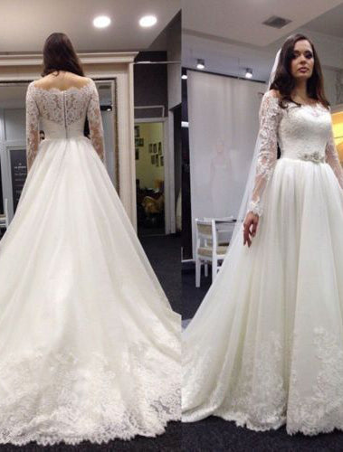 2024 Newly A Line Lace Long Sleeves With Beaded Belt Long Wedding Dresses